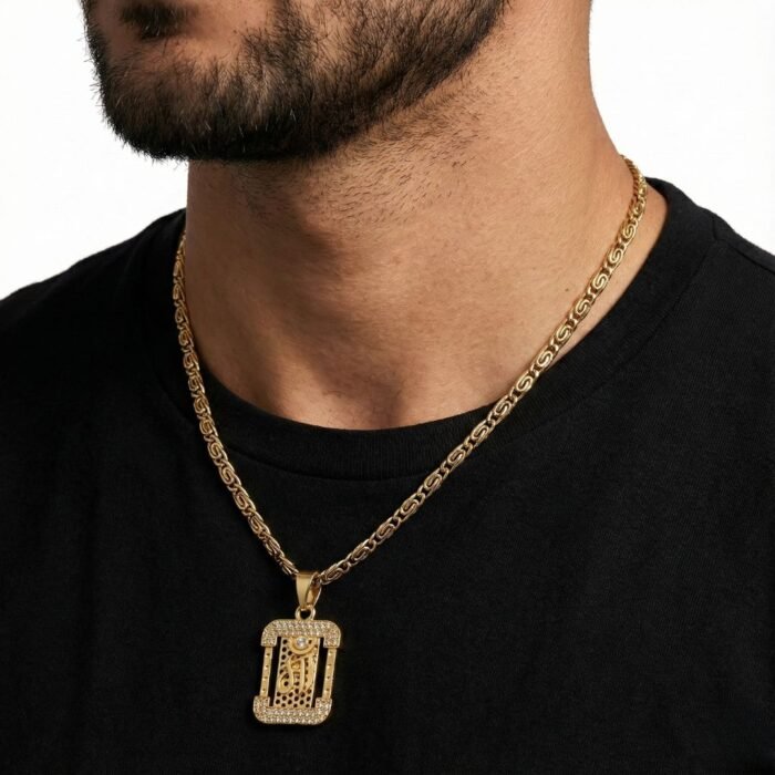Premium Gold Plated Om Pendant Necklace for Men | Cubic Zirconia (CZ) Studded Rectangular Aum Locket with Twisted Chain | Religious & Spiritual Jewelry Gift for Him - Image 4