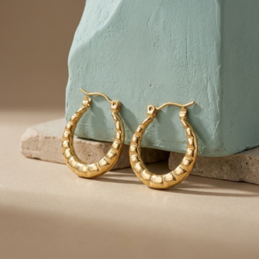 Oval Gold Hoop Earrings for Women | Ribbed Finish Classic Hoops | Everyday Statement Jewelry
