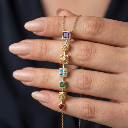 Luxury Gold-Tone Vertical Multi-Stone Pendant Necklace | Elegant Square Gemstone & Floral Motif Designer Jewelry for Women
