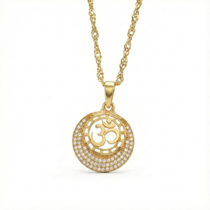 Gold Tone Om Pendant Necklace for Men with CZ Stones | Circular Om Locket with Sparkling Crescent Design & Rope Chain | Religious Spiritual Jewelry Gift for Him - Image 2