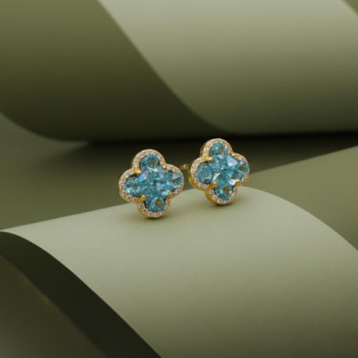 Blue Floral Crystal Stud Earrings for Women | Gold-Plated Flower Design with Pavé Halo | Elegant Luxury Jewelry