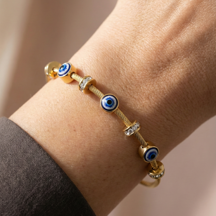 Gold Tone Twisted Cable Wire Bangle – Blue Evil Eye Protection Bracelet with Crystal Pave Spacers – Lucky Nazar Talisman Jewelry Gift for Women - Image 4