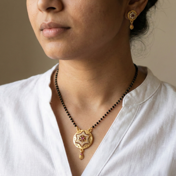Gold Mangalsutra Pendant Set with Ruby & CZ Stones | Traditional Star Motif Mangalsutra with Matching Earrings - Image 4