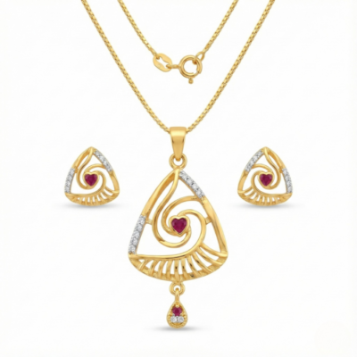 Graceful Gold Mangalsutra Set with Heart Ruby Swirl Design | Diamond-Accented Pendant & Matching Earrings