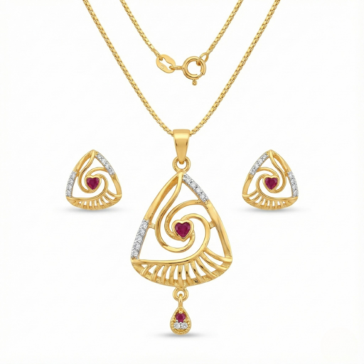 Graceful Gold Mangalsutra Set with Heart Ruby Swirl Design | Diamond-Accented Pendant & Matching Earrings
