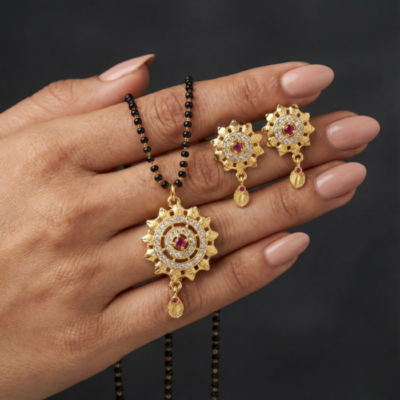 Traditional Gold Mangalsutra Set with Sun Motif Ruby Pendant & Matching Earrings