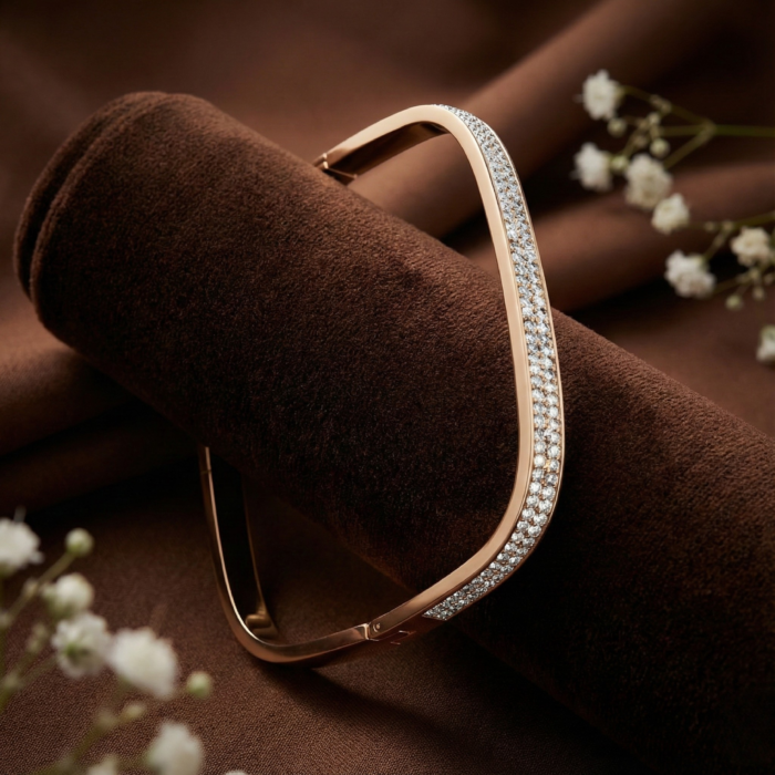 Rose Gold Tone Pave Crystal Bangle – Minimalist Cubic Zirconia Bar Hinged Cuff Bracelet – Elegant Stackable Wedding Jewelry for Women - Image 4