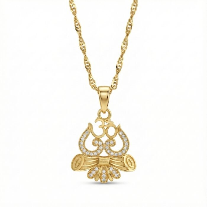 Gold Tone Om Pendant Necklace for Men with CZ Stones | Round Spiritual Locket with Crystal Crescent & Rope Chain | Religious Gift - Image 2