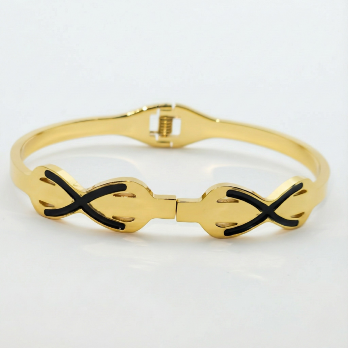 Gold Tone Infinity Knot Bangle – Black Enamel Accent Figure 8 Hinged Cuff Bracelet – Modern Symbolic Love Jewelry Gift for Her - Image 2