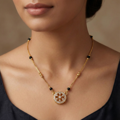 Gold Tone Short Mangalsutra Necklace – Round Crystal Wheel Pendant with Black Beads & Gold Station Chain – Modern Minimalist Daily Wear Jewelry