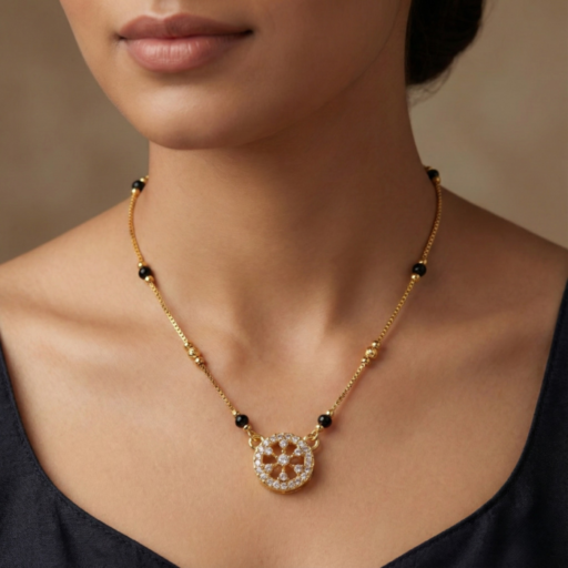 Gold Tone Short Mangalsutra Necklace – Round Crystal Wheel Pendant with Black Beads & Gold Station Chain – Modern Minimalist Daily Wear Jewelry