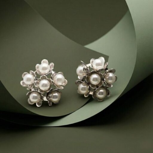 Floral Pearl Cluster Stud Earrings for Women | Silver-Tone Blossom Design | Elegant Classic Luxury Jewelry