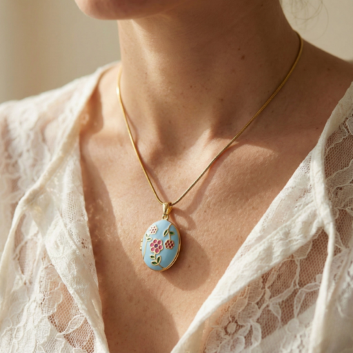 Gold Tone Vintage Style Oval Pendant Necklace – Sky Blue Enamel & Pink Floral Locket Look – Romantic Cottagecore Jewelry Gift