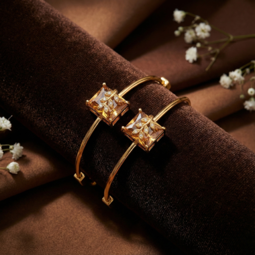 Gold Tone Amber Crystal Square Bangle – Crystal Pave Leaf Overlay Hinged Cuff Bracelet – Nature Inspired Vintage Jewelry Gift