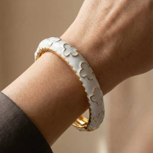 White Enamel & Gold Clover Bracelet | Vintage-Inspired Stackable Hinged Bangle