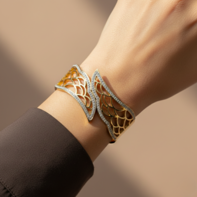 Luxury Gold-Tone Open Cuff Bracelet with Diamond-Studded Leaf Motif | Premium Designer Statement Bangle for Women