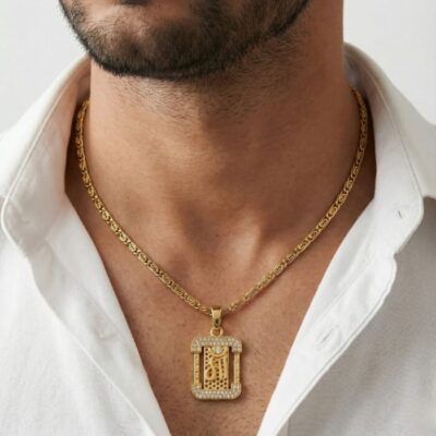 Premium Gold Plated Om Pendant Necklace for Men | Cubic Zirconia (CZ) Studded Rectangular Aum Locket with Twisted Chain | Religious & Spiritual Jewelry Gift for Him
