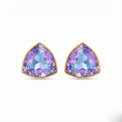 Trillion-Cut Pastel Gemstone Stud Earrings for Women | Lavender-Blue Crystal in Gold Bezel | Modern Minimal Jewelry355
