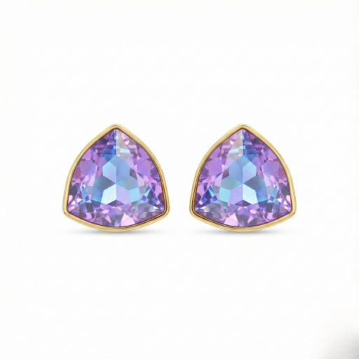 Trillion-Cut Pastel Gemstone Stud Earrings for Women | Lavender-Blue Crystal in Gold Bezel | Modern Minimal Jewelry355