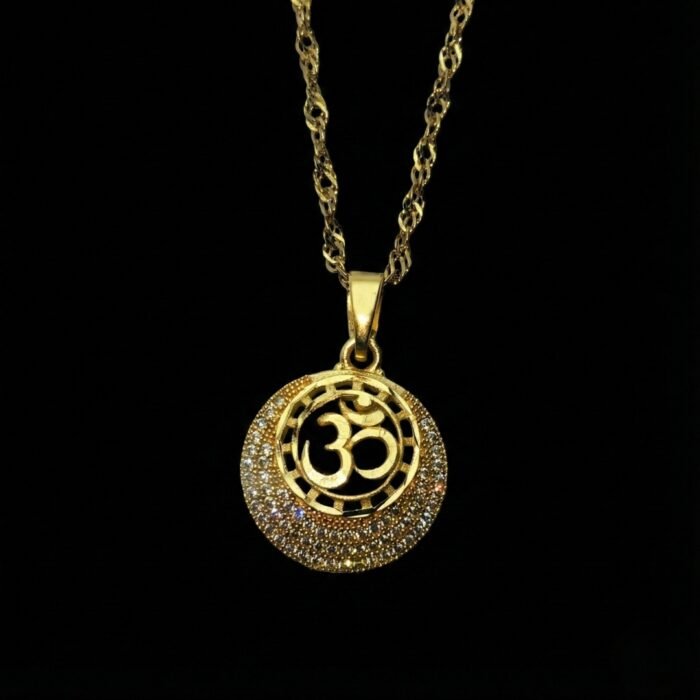 Gold Tone Om Pendant Necklace for Men with CZ Stones | Circular Om Locket with Sparkling Crescent Design & Rope Chain | Religious Spiritual Jewelry Gift for Him - Image 3