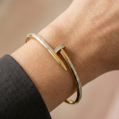 Gold Tone Crystal Nail Bangle – Pave Cubic Zirconia Bent Nail Hinged Cuff – Modern Industrial Edgy Statement Jewelry for Women