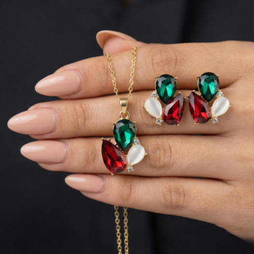 Luxury Multi-Stone Pendant & Earrings Combo Set in Gold Tone | Green, Red & Pearl Finish Designer Jewelry | Elegant Statement Jewelry Set for Women