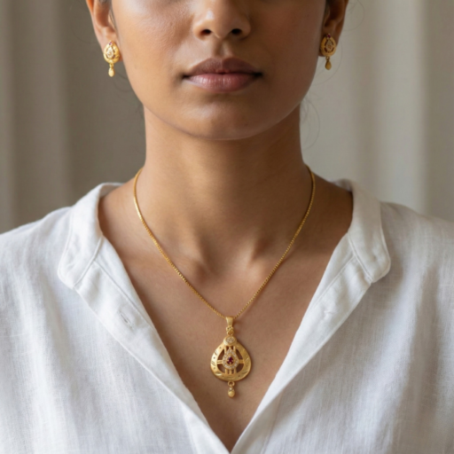 Traditional Gold-Tone Teardrop Pendant & Earrings Combo Set with Red Stone | Crystal-Studded Designer Jewelry Set for Women