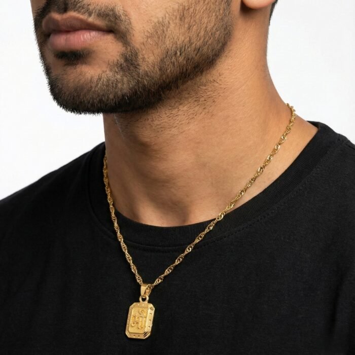 Gold Tone Rectangular Religious Pendant Necklace for Men | Hindu Deity Locket with Embossed Design & Twisted Rope Chain | Ethnic Spiritual Jewelry Gift for Him - Image 2