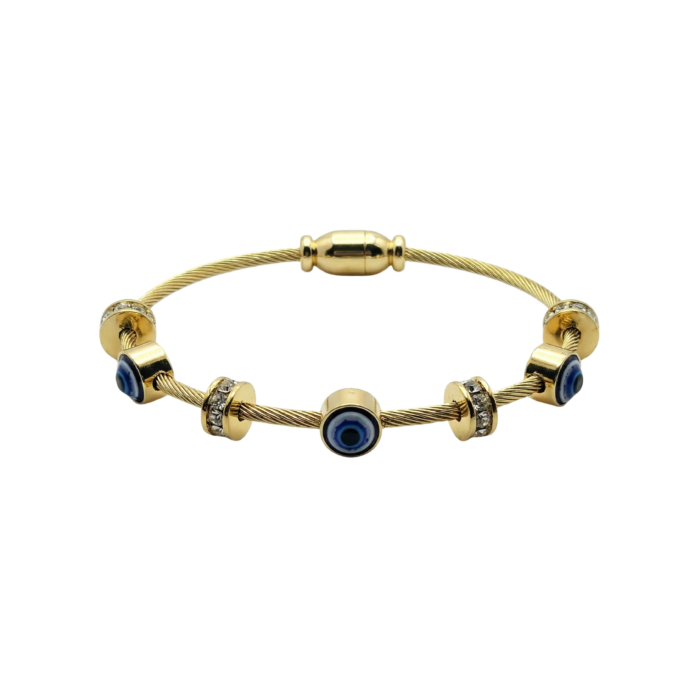 Gold Tone Twisted Cable Wire Bangle – Blue Evil Eye Protection Bracelet with Crystal Pave Spacers – Lucky Nazar Talisman Jewelry Gift for Women - Image 2