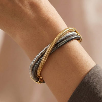 Tri-Tone Multi-Strand Snake Chain Bracelet – Gold, Silver & Gunmetal Mixed Metal Layered Cuff – Chunky Modern Statement Jewelry for Women