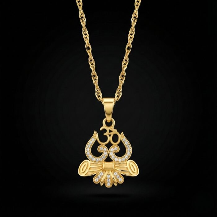 Gold Tone Om Pendant Necklace for Men with CZ Stones | Round Spiritual Locket with Crystal Crescent & Rope Chain | Religious Gift - Image 3