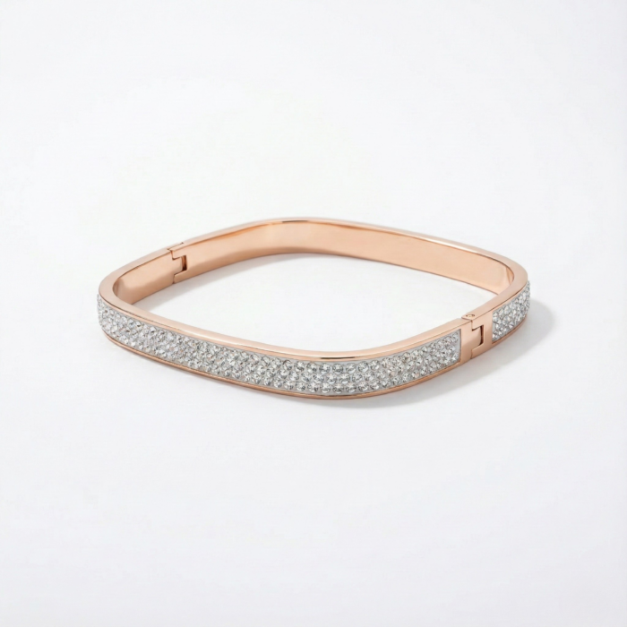 Rose Gold Tone Pave Crystal Bangle – Minimalist Cubic Zirconia Bar Hinged Cuff Bracelet – Elegant Stackable Wedding Jewelry for Women - Image 5