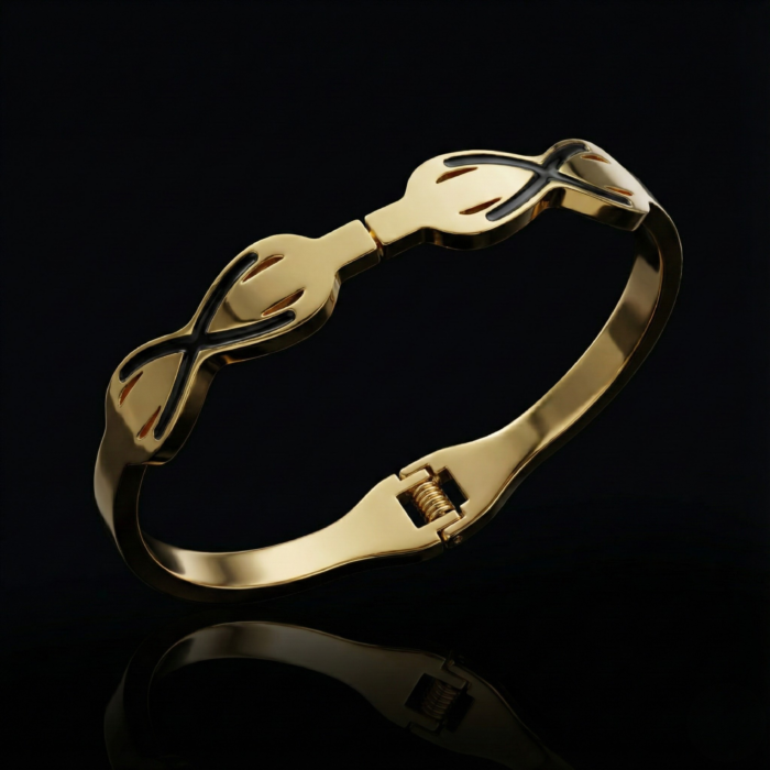 Gold Tone Infinity Knot Bangle – Black Enamel Accent Figure 8 Hinged Cuff Bracelet – Modern Symbolic Love Jewelry Gift for Her - Image 3