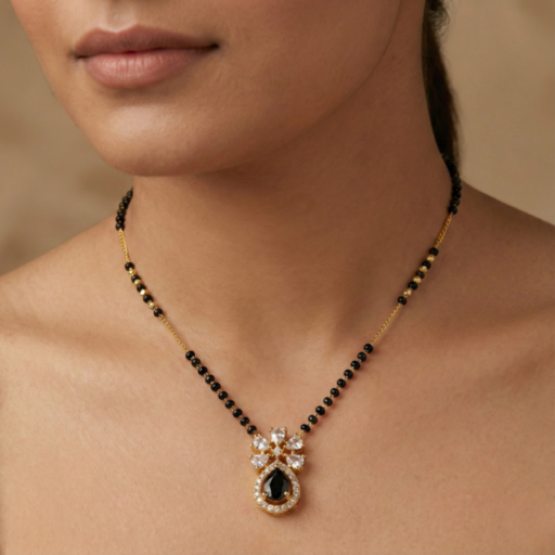 Gold Tone Short Mangalsutra Necklace – Teardrop Black Stone Pendant with Crystal Halo & Floral Accent – Modern Diamond Look Jewelry for Women