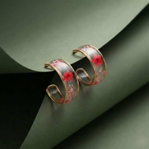 Floral Enamel Cuff Hoop Earrings for Women | Transparent Flower Art Design with Gold Finish | Contemporary Luxury Jewelry