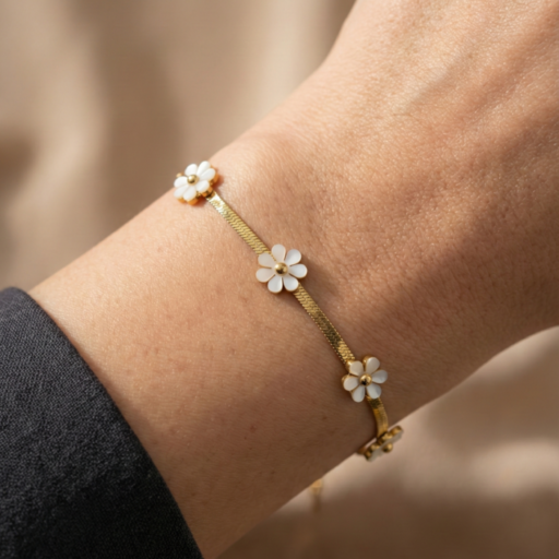 Gold Plated Floral Bracelet for Women | White Flower Charm Adjustable Chain Bracelet | Elegant Daily Wear, Party & Gift Jewelry