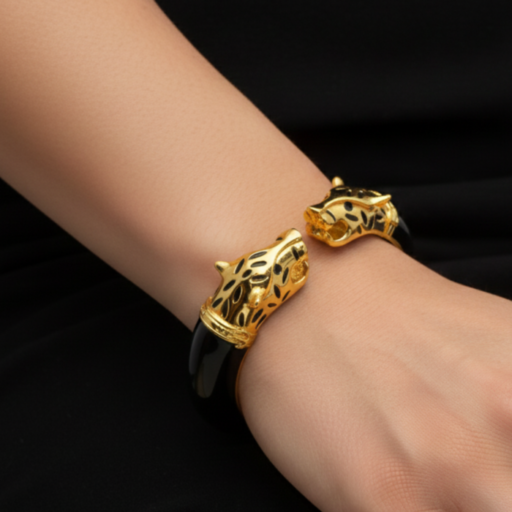 The Royal Panther: Gold & Black Enamel Hinged Bangle – Statement Jewelry