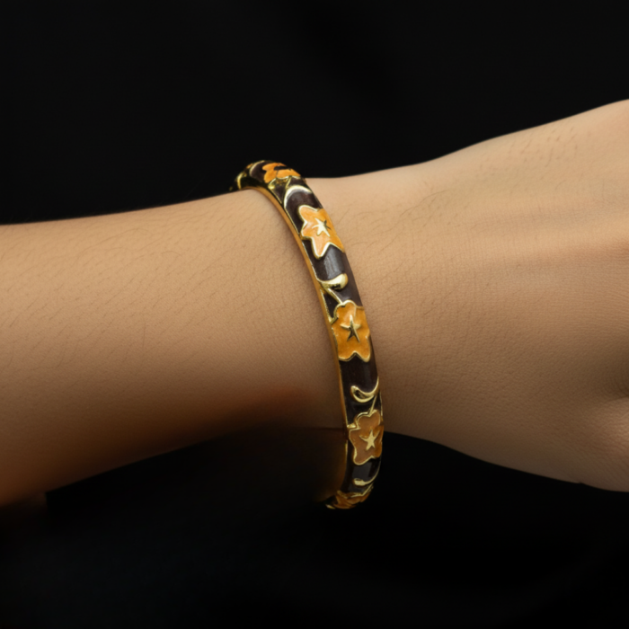 Gold-Tone Floral Enamel Bangle Bracelet for Women | Elegant Handcrafted Designer Kada with Vintage Flower Motif