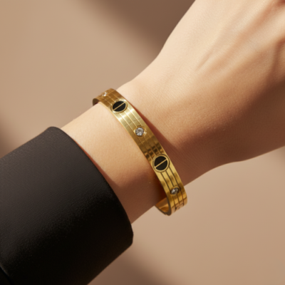Luxury Gold-Tone Black Enamel Screw Bangle for Women | Iconic Designer Bracelet with Crystal Accents | Premium Statement Jewelry