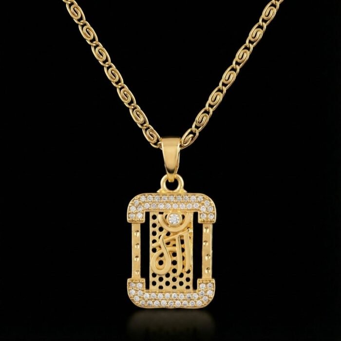 Premium Gold Plated Om Pendant Necklace for Men | Cubic Zirconia (CZ) Studded Rectangular Aum Locket with Twisted Chain | Religious & Spiritual Jewelry Gift for Him - Image 3