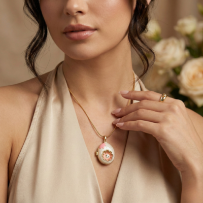 Vintage Style Gold Plated Enamel Locket Necklace | Oval Photo Pendant with Pink Floral Design & Crystal Accent | Romantic Jewelry Gift for Her