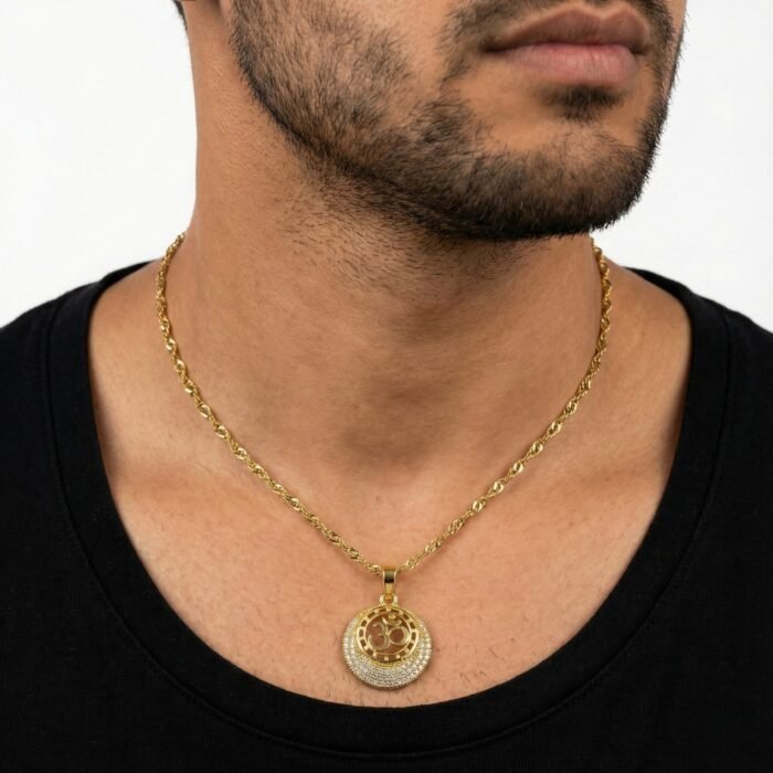 Gold Tone Om Pendant Necklace for Men with CZ Stones | Circular Om Locket with Sparkling Crescent Design & Rope Chain | Religious Spiritual Jewelry Gift for Him - Image 4