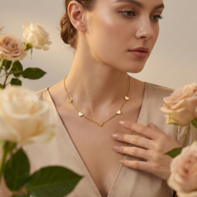Minimalist Gold-Tone Heart Station Necklace | Elegant Delicate Chain with Multiple Heart Charms | Everyday Love Necklace for Women