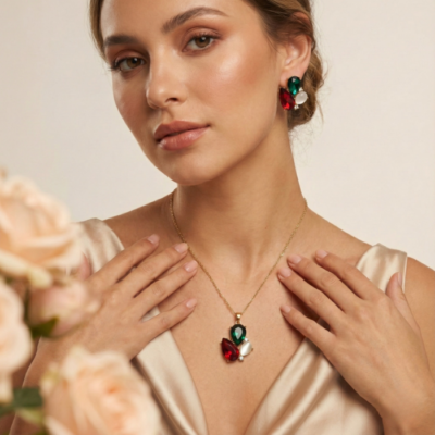 Luxury Multi-Stone Pendant & Earrings Combo Set in Gold Tone | Green, Red & Pearl Finish Designer Jewelry | Elegant Statement Jewelry Set for Women