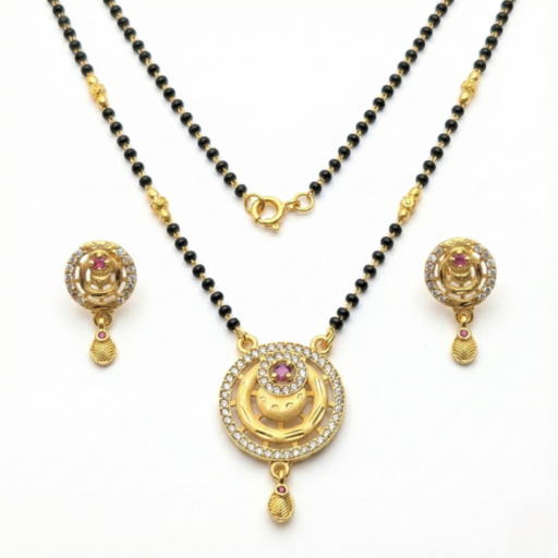 Classic Gold Mangalsutra Set with Circular Ruby Pendant & Diamond Accents | Traditional Design with Matching Earrings