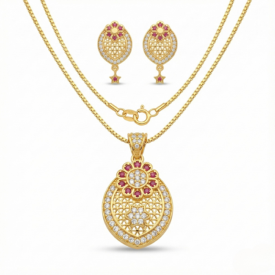 Elegant Oval Gold Tone Set with Ruby Floral Motif & Lattice Design Pendant