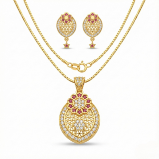 Elegant Oval Gold Tone Set with Ruby Floral Motif & Lattice Design Pendant
