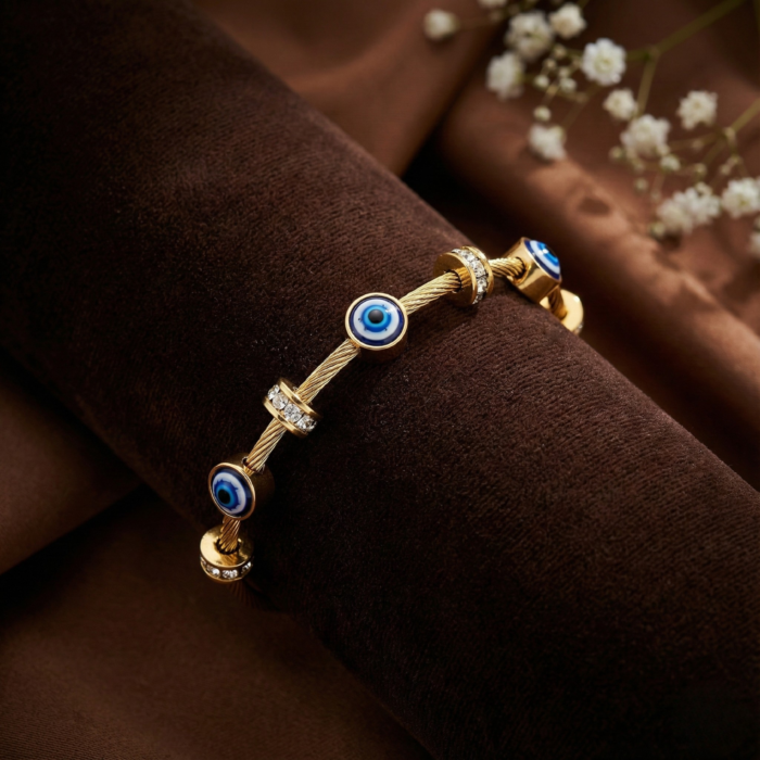 Gold Tone Twisted Cable Wire Bangle – Blue Evil Eye Protection Bracelet with Crystal Pave Spacers – Lucky Nazar Talisman Jewelry Gift for Women - Image 3