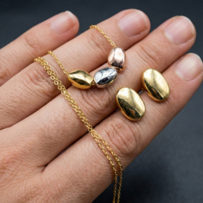 Minimalist Pebble Gold-Tone Pendant & Earrings Combo Set | Modern Organic Oval Design | Elegant Everyday Designer Jewelry for Women