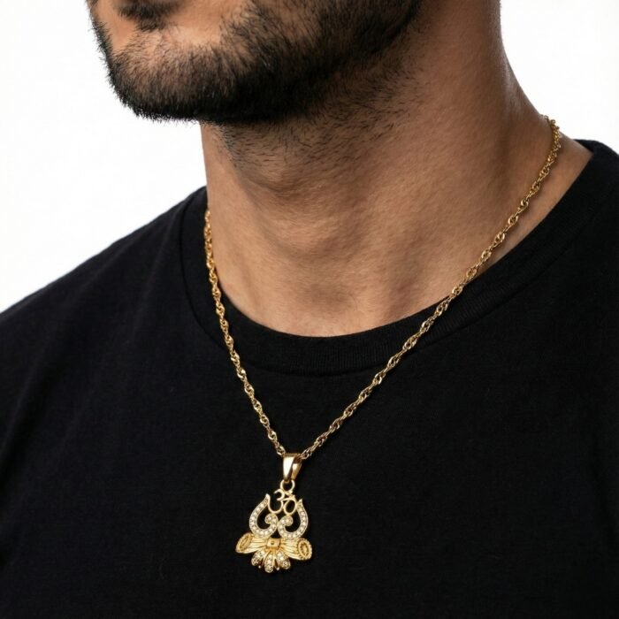 Gold Tone Om Pendant Necklace for Men with CZ Stones | Round Spiritual Locket with Crystal Crescent & Rope Chain | Religious Gift - Image 4